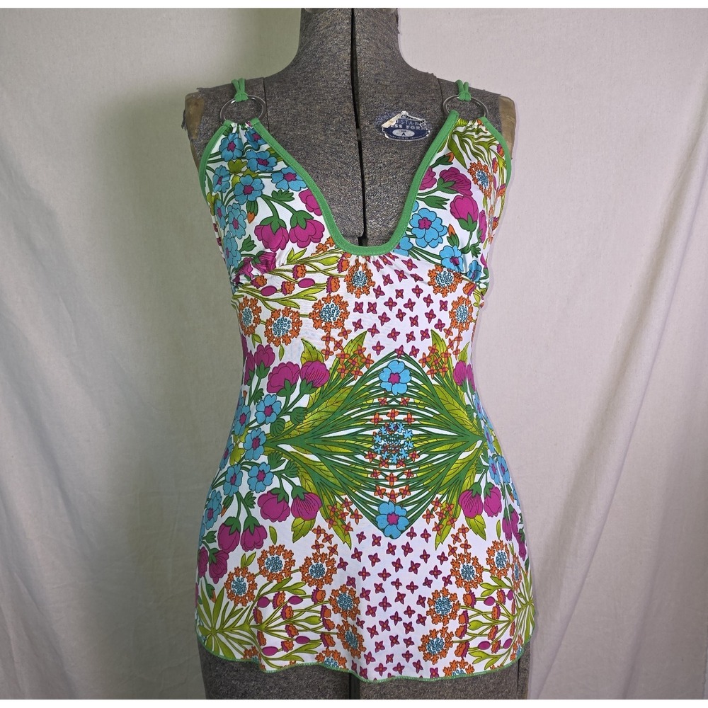 Vintage 90s Y2K Wet Seal Floral Tropical Tank Top White Tie Back Summer M